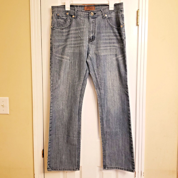 Rok Mens Denim Blue Jeans 36x31 Embroidered Pockets Straight Leg Y2K 90s Baggy - Picture 1 of 15